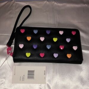 Betsey Johnson Black Faux Leather ZA Wallet Multi Color Conversation Hearts  NWT